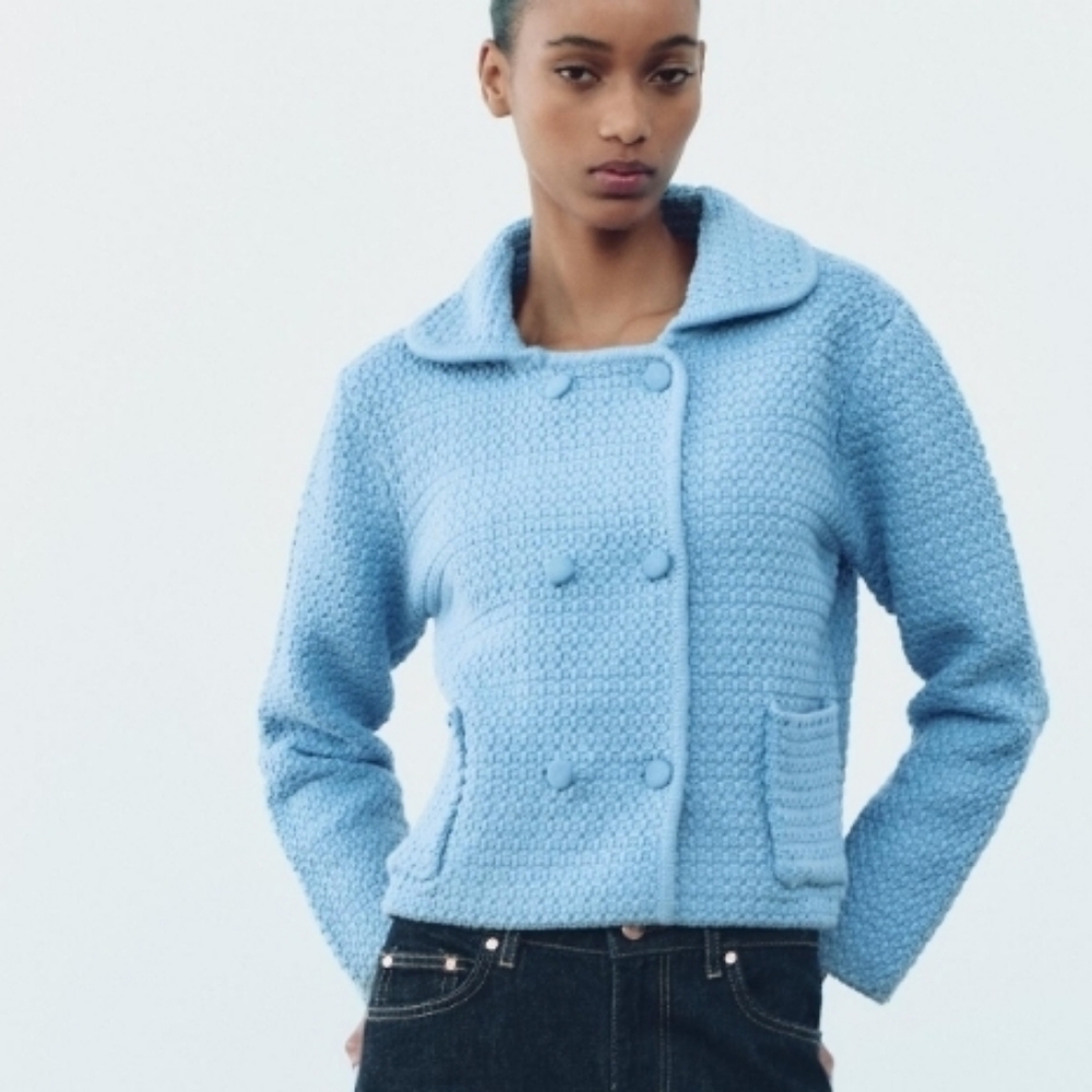 Blue Textured Double-Breasted Jacket Zara